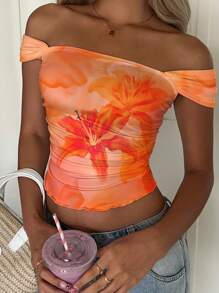 SHEIN EZwear Women's Floral Print One Shoulder Ruffled Cropped Fitted Top Shirt For Holiday Off The Shoulder Top - Multicolor - View 7