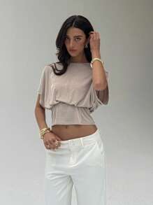 Aloruh Khaki Metallic Thread Elegant Knit T-Shirt For Work,Graduation,Back To School Outfits - Khaki - View 4