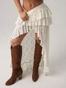 SHEIN ICON Women's Super Low Waist Lace Cake Layered Asymmetric Skirt - Apricot - View 5