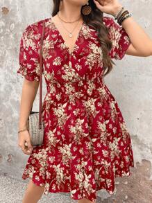 SHEIN Holidaya Plus Size Women Black Background Floral Print Short Sleeve Vacation Dress - Multicolor - View 5