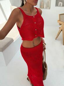 EURMUSE Woman Sweater Cover Up Two Pieces Beachwear Maxi Length Woman S Summer Clothes - Red - View 3