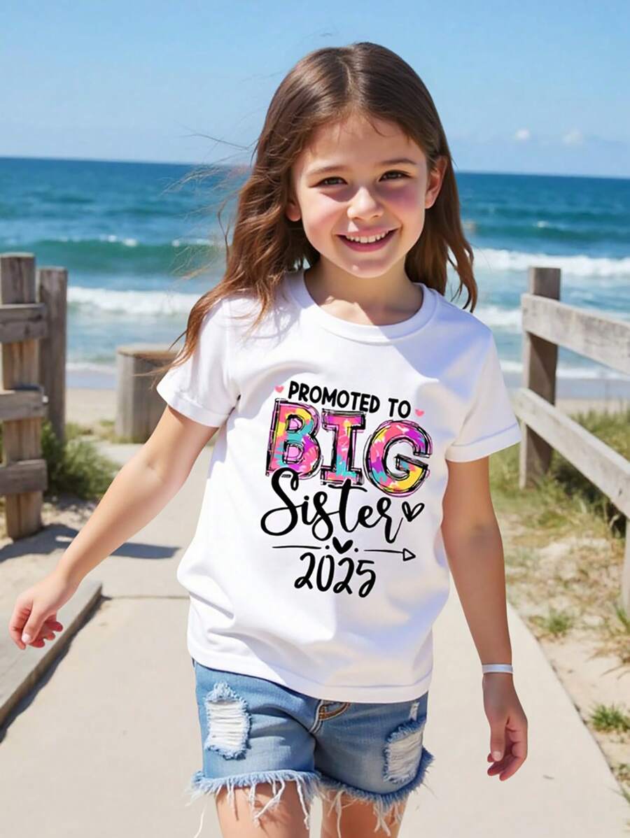 SHEIN Young Girl "Promoted To Big Sister 2025" Round Neck Short Sleeve White T-Shirt Young Girls T Shirt Young Girls Summer Big Sister T-Shirt Kids - White - View 1