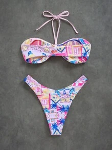 Swim Mod Women's Summer Beach Palm Tree Print Halter Tie-Up Sexy Bikini Set - Multicolor - View 2