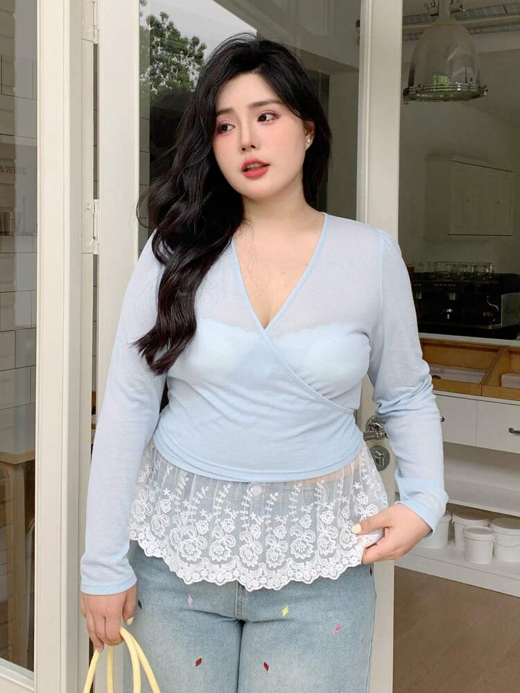 Dazy Plus Lightweight Knit Fabric V-Neck Long Sleeve T-Shirt With Lace Hem Details, Summer