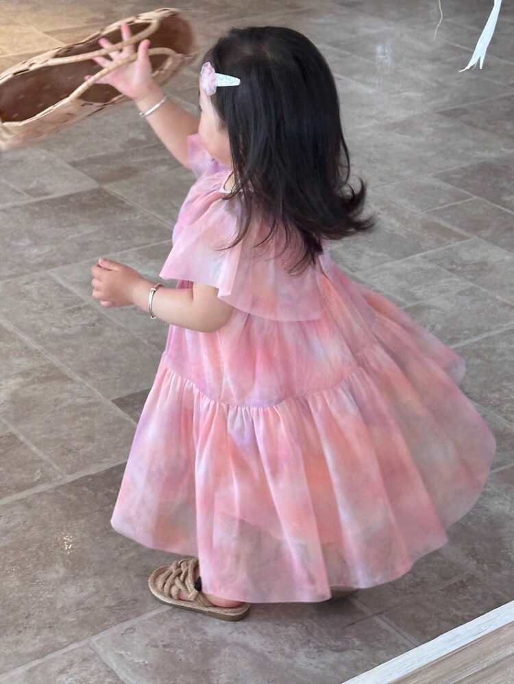 Toddler Girls' Round Neck Casual Mesh Short Sleeve Ruffle Hem Summer Short Sleeve Dress