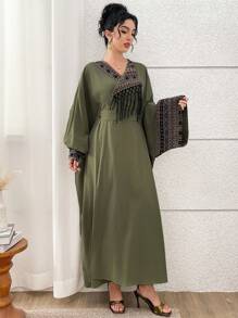 Al Najma 女士优雅提花拼布流苏蝙蝠袖阿拉伯风格连衣裙 - 軍綠色 - 查看 5