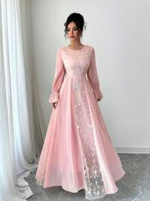 Modelyn Mesh Embroidered Patchwork Chiffon Flare Sleeve Dress For Women Fall Cloth For Women - Pink - View 5