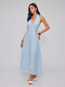 Roylia Powder Blue Jacquard V-Neck Long Dress