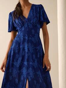 Lilora Váy midi tay bèo cổ chữ V họa tiết hoa jacquard dành cho nữ, thanh lịch mùa xuân/hè - Màu xanh hải quân - Xem 3