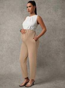 MaterniChic Quần ống côn cạp cao màu trơn thường ngày cho bà bầu - Màu be - Xem 3
