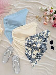 Soleia 3 件套复古不对称下摆花卉印花不对称领口衬衫，复古度假海岛风格，休闲性感可爱椰子女孩波西米亚音乐节风格，适合夏季 - 彩色 - 查看 6