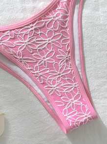 Swim Mod 女士提花面料细肩带高开叉性感比基尼套装 - 粉色 - 查看 5