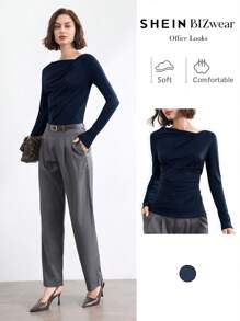 BizChic 2025 夏季新款不对称剪裁肩带长袖女式 T 恤，休闲商务通勤优雅海滩度假适合婚礼宾客、乡村音乐节、早餐、机场、90 年代复古斯德哥尔摩、7 月 4 日 - 藏蓝色 - 查看 1