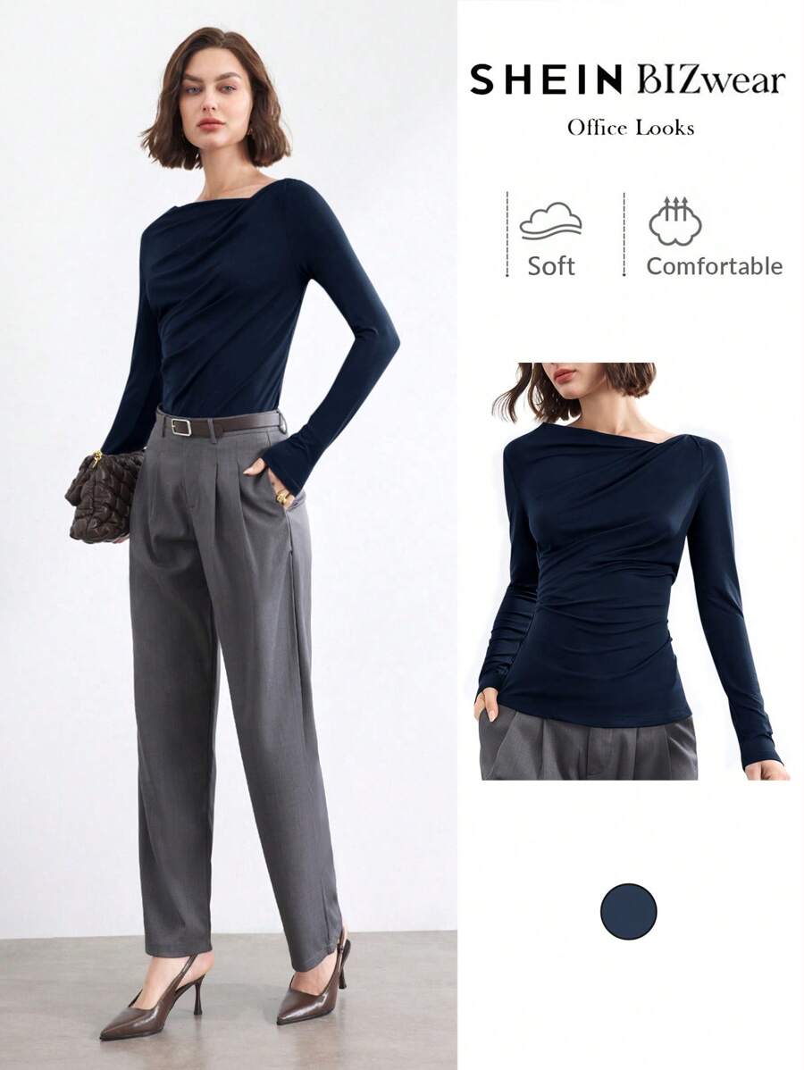 BizChic 2025 夏季新款不对称剪裁肩带长袖女式 T 恤，休闲商务通勤优雅海滩度假适合婚礼宾客、乡村音乐节、早餐、机场、90 年代复古斯德哥尔摩、7 月 4 日 - 藏蓝色 - 查看 1