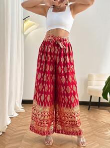 SHEIN Clasi Plus Size Women Elegant Golden Foil Geometric Print Wide Leg Pants - Red - View 4