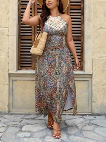 SHEIN Frenchy Plus Size Paisley Print Halter Crop Top And Skirt 2 Pieces Set, Vacation Casual - Multicolor - View 3