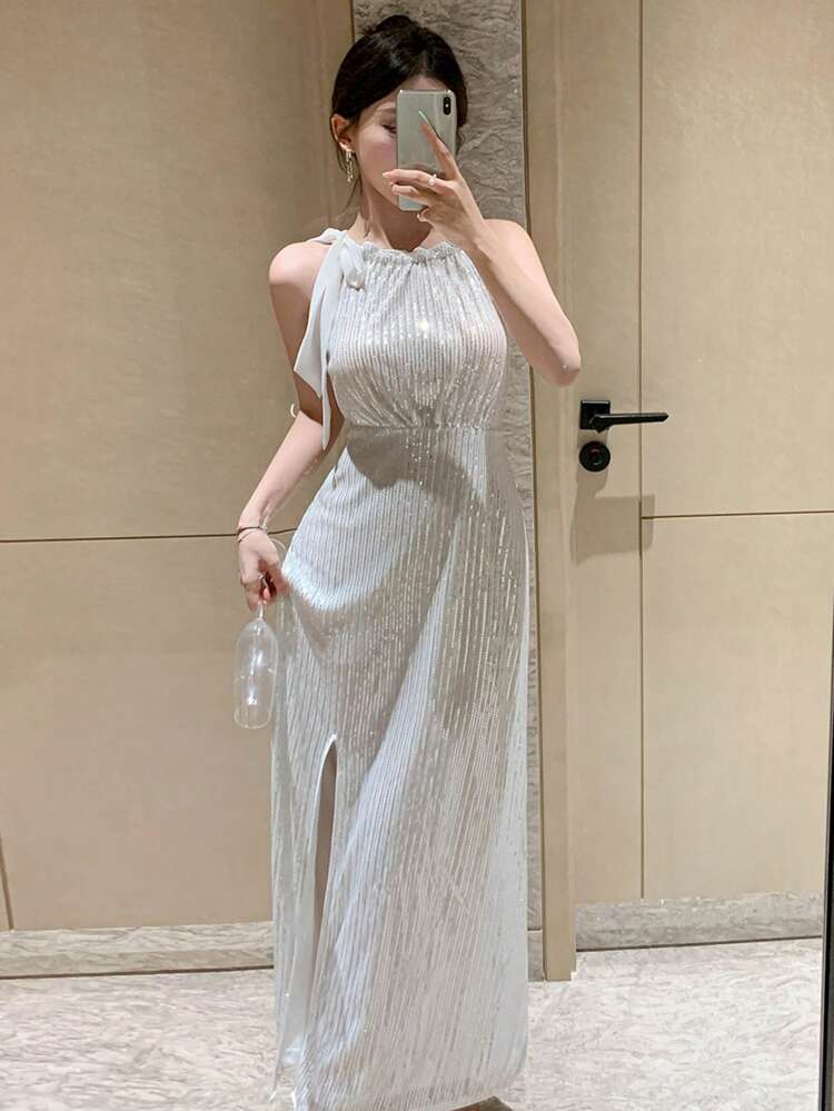 Women's Party Glitter Cinched Waist Backless Fish Tail Dress With Bowknot, Suitable For Music Festivals/Events, Summer Dress, Graduation Dress Homecoming Dresses Luxury Prom Dress Sequin Elegant Women Dresses New Years Women Outfit Carnival Sparkly Dress Maxi Dress