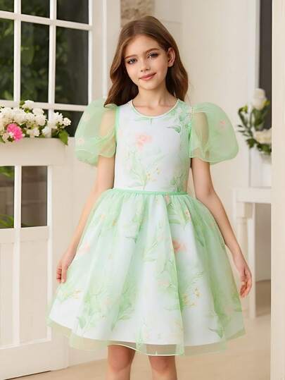 SHEIN Glamorique Kids Girls Organza Floral Print Puff Sleeve Princess Dress, Floral Print Design Looks Fresh And Sweet, Suitable For Parties, Commuting, Parties And Other Occasions, Showcasing Adorable Sweetness Tween Girl Dress Formal Tween Girls Formal Dress Girls Dresses For Prom