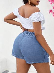 Slaydiva 大码牛仔短裤，夏季时尚 - 深色水洗藍 - 查看 2