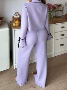 SHEIN Bộ đồ ngủ dài tay viền màu tương phản dành cho nữ, trang phục thu đông - Màu tím - Xem 2