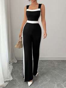 SHEIN Unity Women's Elegant Contrast Color Strap Wide Leg Jumpsuit - Black and White - View 3
