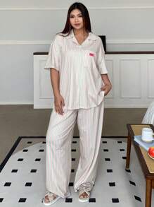 Dazy Plus Patchwork Striped Lapel Sleepwear Set, Includes Shirt & Pants - Green - View 4