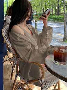 DAZY 2 件套女士纯色细肩带长袖衬衫亮橙色春夏秋季女士夏季衬衫 - 棕色 - 查看 1