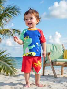 SHEIN 2pcs Baby Boy Cartoon Dinosaur Pattern Round Neck Raglan Sleeve Top And Elastic Waist Shorts Swimsuit Set - Multicolor - View 1