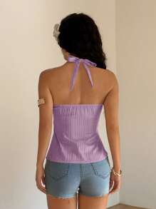 Sunnyshic 女式纯色短款褶皱露背无袖休闲衬衫，夏季 - 紫丁香色 - 查看 2