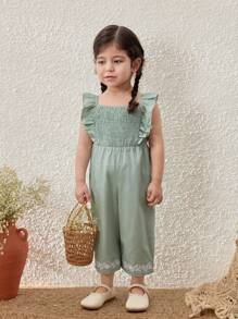 Blossori Baby Girls Pastoral Resort Embroidered Ruffle Hem Bib Overall Pants - Green - View 3