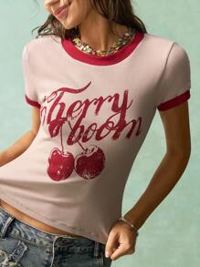 Bohemela 夏季波西米亚风音乐节复活节休闲撞色饰边樱桃印花短袖女式T恤 - 淺粉色 - 查看 1