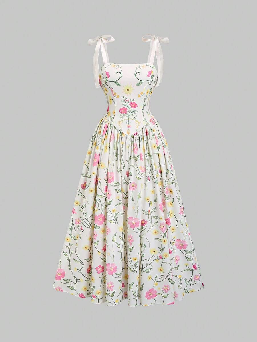 Sweetra 女式新款花卉藤蔓印花系带肩带连衣裙，节日波西米亚复古连衣裙，野餐连衣裙，春夏季约会夜连衣裙 - 彩色 - 查看 1