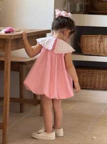 Cute Pink Peter Pan Collar Embroidered Sleeveless Dress For Toddler Girls, Summer - Pink - View 2