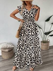 SHEIN LUNE V-Neck Cap Sleeve Waist Gathering Ruffled Hem A-Line Midi Dress, Casual Leopard Print, Elegant For Vacation Or Outdoor Wear Leopard Dress,Sun Dresses For Women,Shirt Dresses For Women - Apricot - View 6