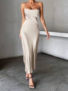 SHEIN Privé Women Elegant Banquet Matching Sleeveless Mermaid Hem Satin Cami Dress Holiday Party Birthday Formal Occassion Dress 