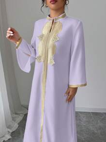 Elenzga 女士优雅V领刺绣蕾丝拼布开衩下摆长款连衣裙