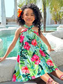 SHEIN Elladie kids Young Girls' Casual Tropical Floral Print Sleeveless Dress, New Spring/Summer Collection Girl Dress Tropical Summer Holiday - Green - View 8