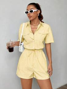 SHEIN Unity 夏季条纹印花口袋收腰短袖连体裤