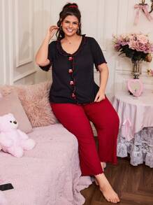 SHEIN Plus Size Color Contrast Ruffle Cherry Print Pajama Set - Multicolor - View 1