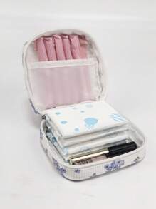 Mari Primo studio Bolsa de almacenamiento de toallas sanitarias y estuche de cosméticos con estampado floral diminuto púrpura para chicas adolescentes, ideal para verano