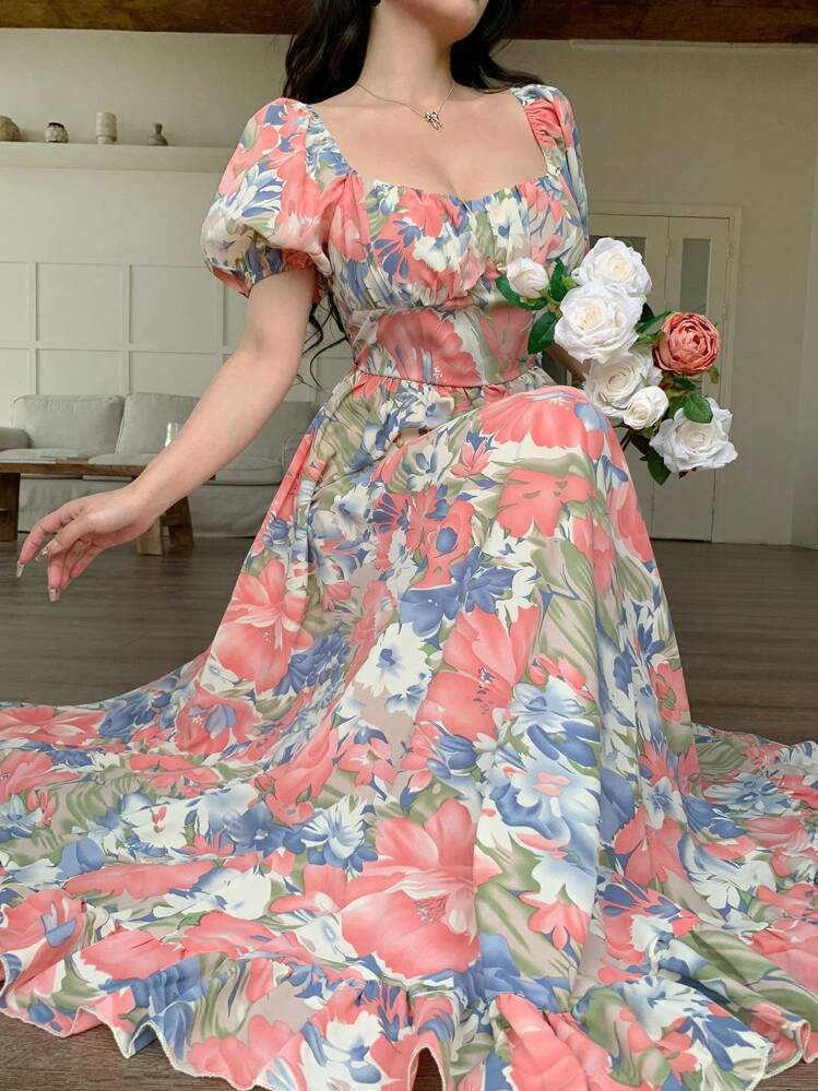 Modelyn Vestido midi de mujer de manga corta con cintura fruncida y estampado floral - Multicolor - Añade 3