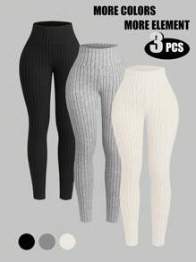 INAWLY 3 件套女式纯色罗纹紧身裤 - 彩色 - 查看 3