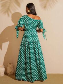 Vesra 女士几何印花灯笼袖蝴蝶结不对称连衣裙