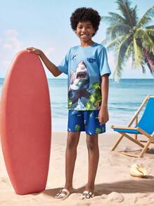 Shark Week X SHEIN Tween Boy Casual Shark Print Round Neck Short Sleeve T-Shirt And Shorts Set, Summer - Multicolor - View 4