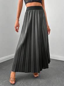 EURMUSE 女士优雅纯色百褶裙，夏季 - 深灰色 - 查看 2