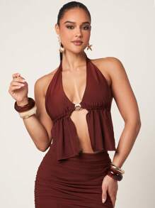 Silquee 女式优雅金属装饰不对称下摆露背吊带背心，夏季 - 棕色 - 查看 1