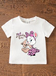 SHEIN 1 Set Baby Girls Lovely Bear & Leopard Print Rabbit Pattern Round Neck Short Sleeve White Cute T-Shirt And Leopard Print Knit Tight Shorts - Multicolor - View 3