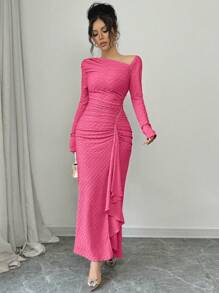 Elenzga Women's Elegant Fashionable Commuting Charming Long Sleeve Asymmetrical Collar Ruched Waist Bodycon Textured Knit Maxi Dress Fall Cloth For Women