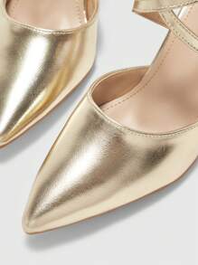 CUCCOO BIZCHIC 女士尖头交叉带粗跟优雅通勤简约金色金属仿皮浅口鞋，镂空时尚派对办公室正式基本百搭鞋 - 金色 - 查看 8
