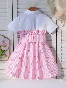 SHEIN Elladie kids 女孩夏季新款时尚优雅连衣裙，衬衫拼接设计配腰带，优雅 OL 通勤风格连衣裙 - 粉色 - 查看 2